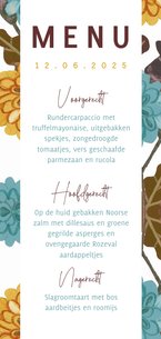 Menukaart trouwen geel en blauw bloemen