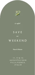 Minimalistische save the date boogvorm groen met olijftakje
