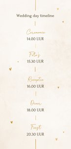 Minimalistische tijdlijn trouwkaart met gouden details