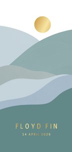 Modern geboortekaartje met abstract landschap en gouden zon