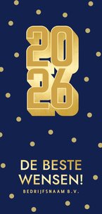 Moderne kerstkaart met gouden jaartal en confetti zakelijk