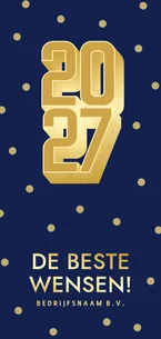 Moderne kerstkaart met gouden jaartal en confetti zakelijk