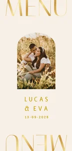 Mooie menukaarten met goudfolie en eigen foto in boog
