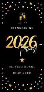 Nieuwjaarsborrel uitnodiging zwart sterren goudlook 2026