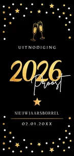 Nieuwjaarsborrel uitnodiging zwart sterren goudlook 2026