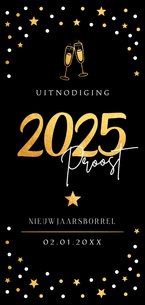 Nieuwjaarsborrel uitnodiging zwart sterren goudlook