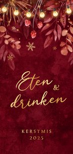 Rode menukaart kerstmis takjes lampjes sneeuwvlokken goud