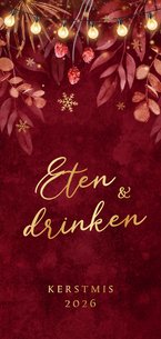 Rode menukaart kerstmis takjes lampjes sneeuwvlokken goud