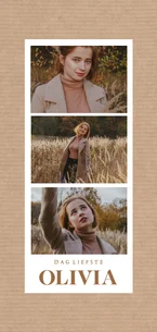 Rouwkaart met drie foto's in photobooth stijl kraftpapier