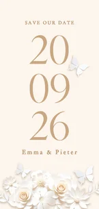 Save the date kaart grote datum met stijlvolle witte bloemen