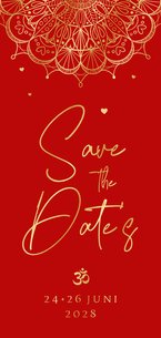 Save the date kaart rood mandala hartjes Hindoestaans goud