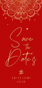 Save the date kaart rood mandala hartjes Hindoestaans goud
