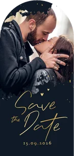 Save the date trouwkaart hoge boogkaart foto spetters goud