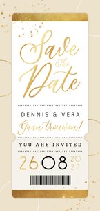 Save the date trouwkaart ticket goud modern foto