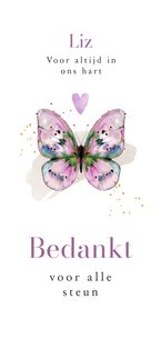 Stijlvolle bedankkaart vlinder watercolor hartje lila