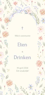 Stijlvolle communie menukaart strik met aquarel bloemen
