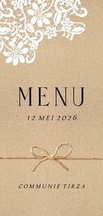 Stijlvolle menukaart kanten bloemenpatroon kraft strik