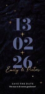 Stijlvolle save the date trouwkaart gouden sterren blauw