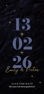Stijlvolle save the date trouwkaart gouden sterren blauw