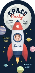 Stoer kinderfeestje uitnodiging space party foto raket maan