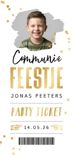 Ticket uitnodiging communie foto goud confetti