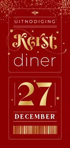 Ticket uitnodiging kerstdiner goud rood sterretjes stijlvol