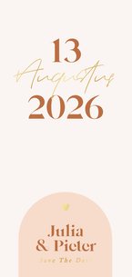 Trendy save the date kaart met oranje boogje en goudfolie