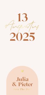 Trendy save the date kaart met oranje boogje en goudfolie