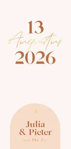 Trendy save the date kaart met oranje boogje en goudfolie