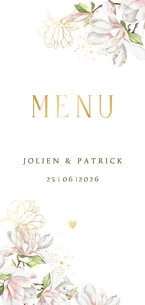 Trouwkaart menu magnoliatakken met goudfolie