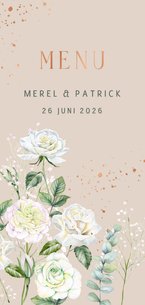 Trouwkaart menu witte rozen met koperfolie
