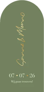 Trouwkaart met boog groen minimalistisch goud hartjes