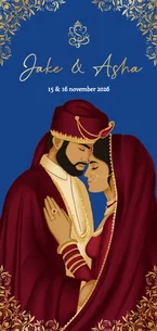 Trouwkaart met romantisch Indiaas bruidspaar in bordeaux