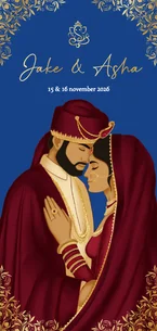 Trouwkaart met romantisch Indiaas bruidspaar in bordeaux