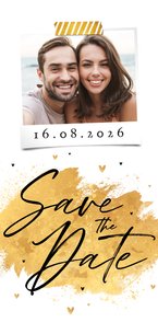 Trouwkaart Save the Date goud hartjes stijlvol foto