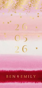 Trouwkaart stijlvol watercolour datum hartjes goud