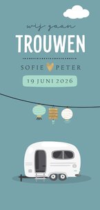 Trouwuitnodiging met caravan en lantaarn