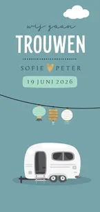 Trouwuitnodiging met caravan en lantaarn