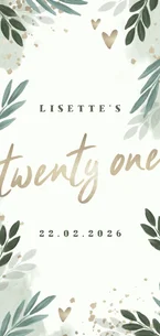 Uitnodiging botanisch 'twenty one' met gouden hartjes