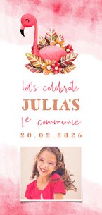 Uitnodiging communie flamingo met waterverf en foto