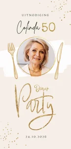 Uitnodiging diner 50 jaar party etentje foto goud confetti