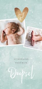 Uitnodiging doopsel groen, fotocollage en hartje