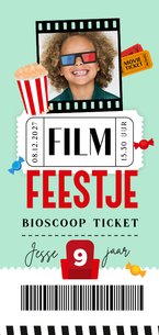 Uitnodiging film feestje bioscoop ticket foto popcorn