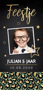 Uitnodiging kinderfeestje panterprint foto sterren goudlook