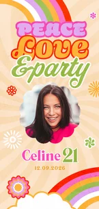 Uitnodigingskaart funky regenboog bloemen retro vibes