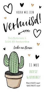 Verhuiskaart cactus met tekeningen en goudlook hartjes