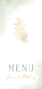 Waterverf menukaart huwelijk groen met goudfolie takje