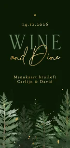 Wijn en menukaart winter bruiloft dennenbomen goud