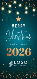 Zakelijke kerstkaart blauw jaartal 2026 lampjes koperlook