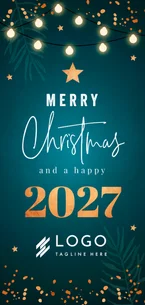 Zakelijke kerstkaart blauw jaartal 2027 lampjes koperlook